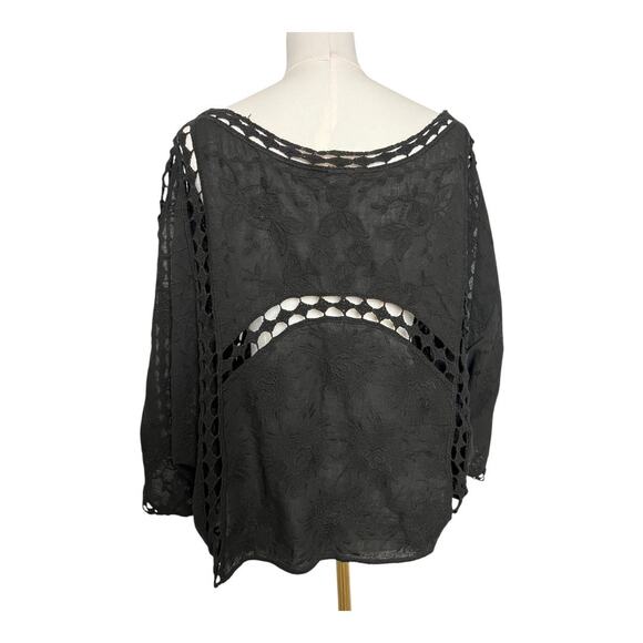 Womens Black Boho Cutout Top Floral Batwing Laser cut OS Tie Front Witchy - Picture 8 of 11